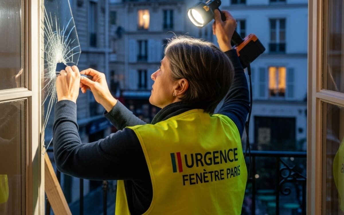 Réparation de fenêtre d'urgence à Paris - technicien remplaçant une vitre cassée dans un appartement urbain lors d'un appel urgent en soirée.